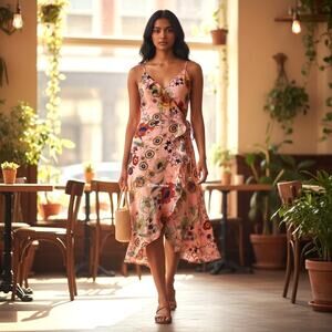 TOPSHOP Floral & Stars wrap dress Pink multicolor size 10 NWT